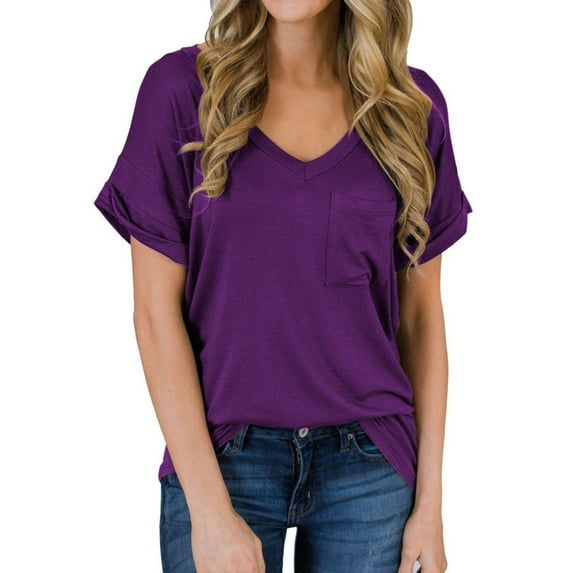 Womens V-Neck Shirts with Front Pocket Decoration Short Sleeve Solid Casual Loose Fit Trendy T-Shirt