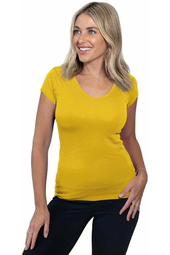 Womens V-Neck Short Sleeve Cotton T-Shirts, Solid Multi-Color Essential Casual Layering Shirts 