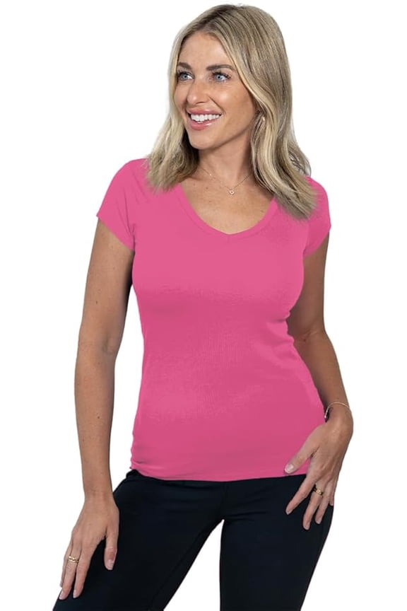 Womens V-Neck Short Sleeve Cotton T-Shirts, Solid Multi-Color Essential Casual Layering Shirts 