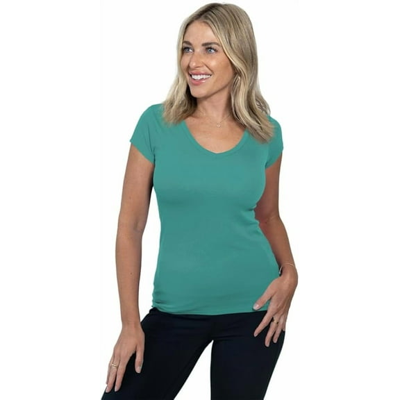 Womens V-Neck Short Sleeve Cotton T-Shirts, Solid Multi-Color Essential Casual Layering Shirts