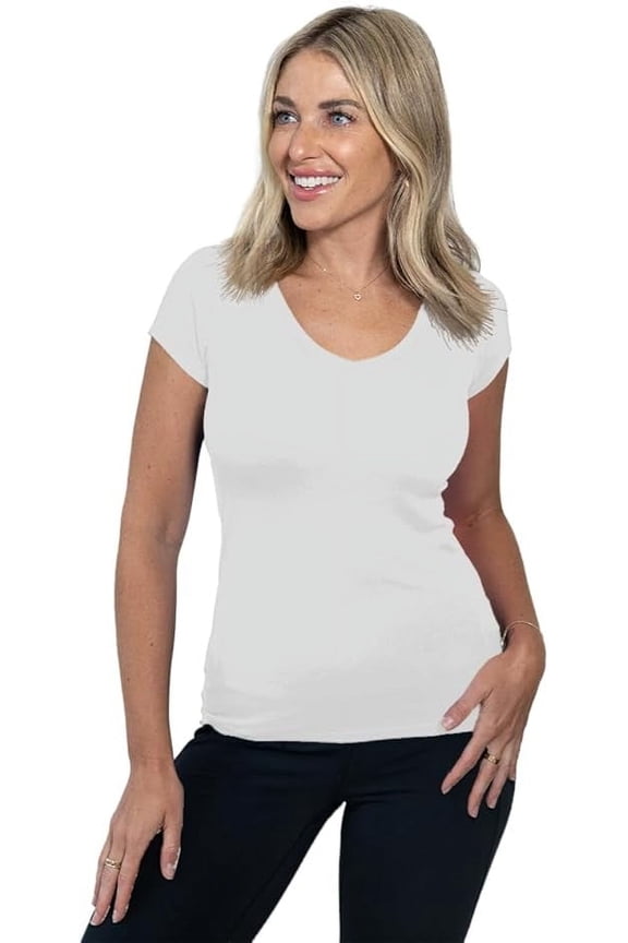 Womens V-Neck Short Sleeve Cotton T-Shirts, Solid Multi-Color Essential Casual Layering Shirts 