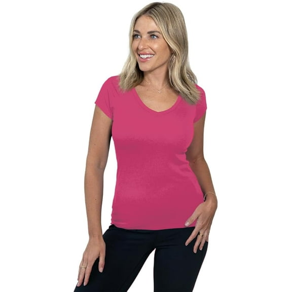 Womens V-Neck Short Sleeve Cotton T-Shirts, Solid Multi-Color Essential Casual Layering Shirts 