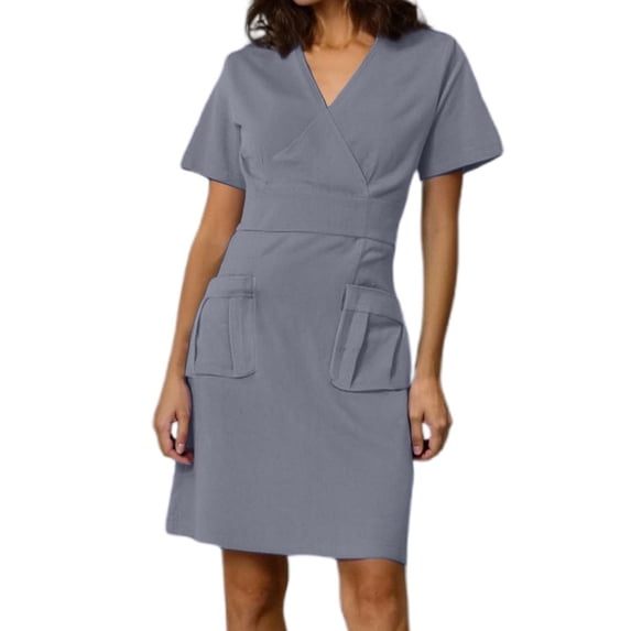 Womens V Neck Short Sleeve Scrub Dress Medical Uniform Easy Care Lightweight Stretch Fabric Grey S