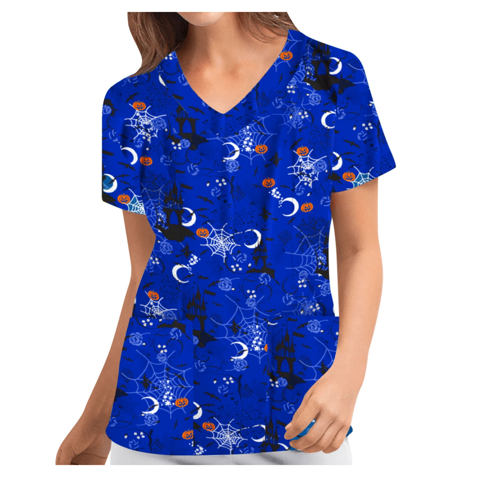 Womens V Neck Short Sleeve Scrub Moon and Ghost Print Nurse Uniform