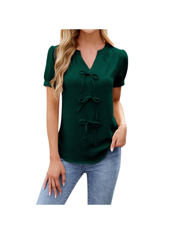 Womens V Neck Short Sleeve Shirt Solid Colod Classic Elegant Casual T Shirt Comfy Summer Basic Work Tee Vacation Clothes Dark Green S