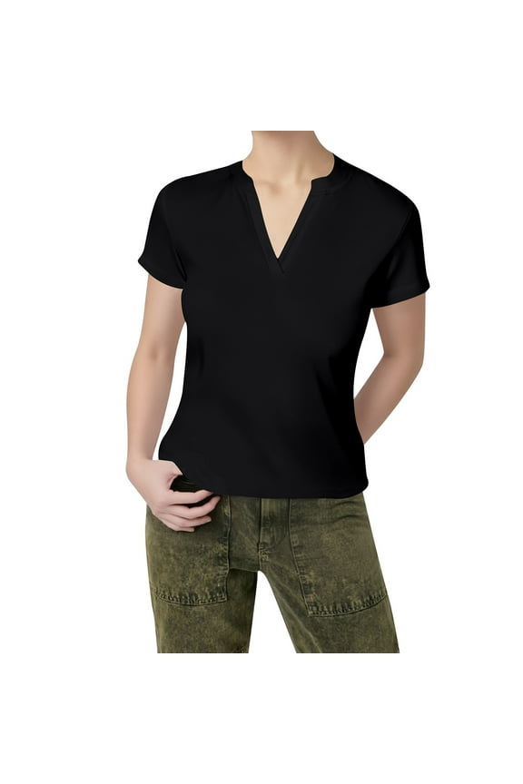 Womens V Neck Short Sleeve Shirt Solid Colod Classic Elegant Casual T Shirts Comfy Spring Basic Work Tee Vacation Clothes Black L