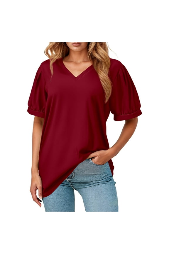 Womens V Neck Short Sleeve Shirt Solid Colod Trendy Dressy Casual T Shirt Comfy Soft Summer Work Tee Pullover Outfits Red S
