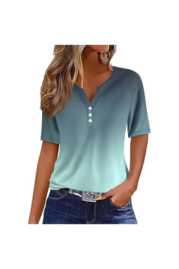 Womens V Neck Short Sleeve Shirt Solid Colod Trendy Elegant Casual Button Tunic Tops Breathable Summer Basic Blouses Vacation Clothes Mint Green XXXL