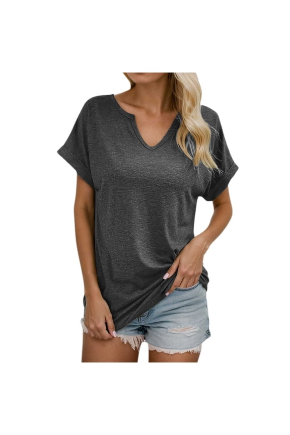 Womens V Neck Short Sleeve Shirt Solid Colod Trendy Elegant Casual T Shirts Breathable Soft Summer Work Tee Pullover Outfits Grey S