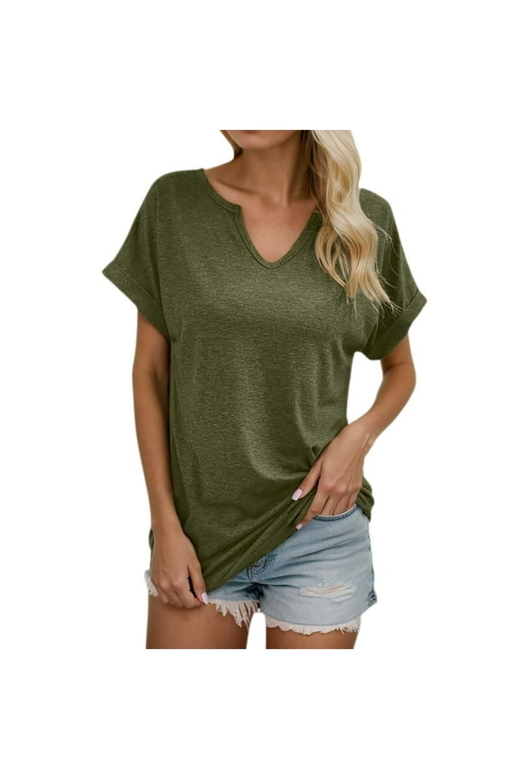 Womens V Neck Short Sleeve Shirt Solid Colod Trendy Elegant Casual T Shirts Lightweight Soft Summer Basic Blouses Vacation Clothes Army Green L