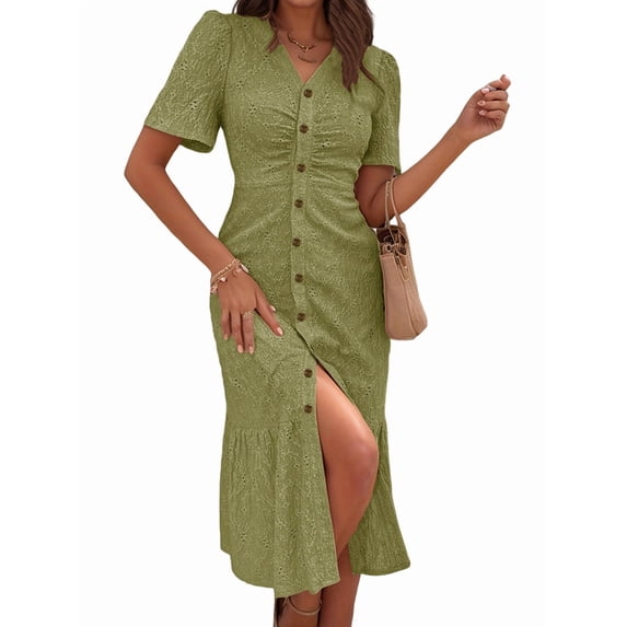 Womens V Neck Short Sleeve Solid Color Casual Dress Summer Chic Midi Dress Matcha Green L