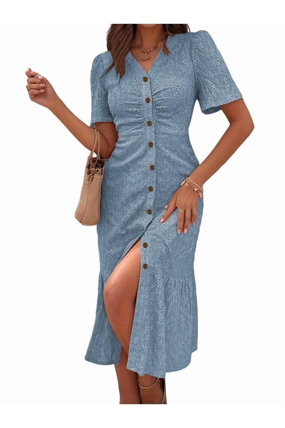 Womens V Neck Short Sleeve Solid Color Casual Dress Summer Chic Midi Dress XXL