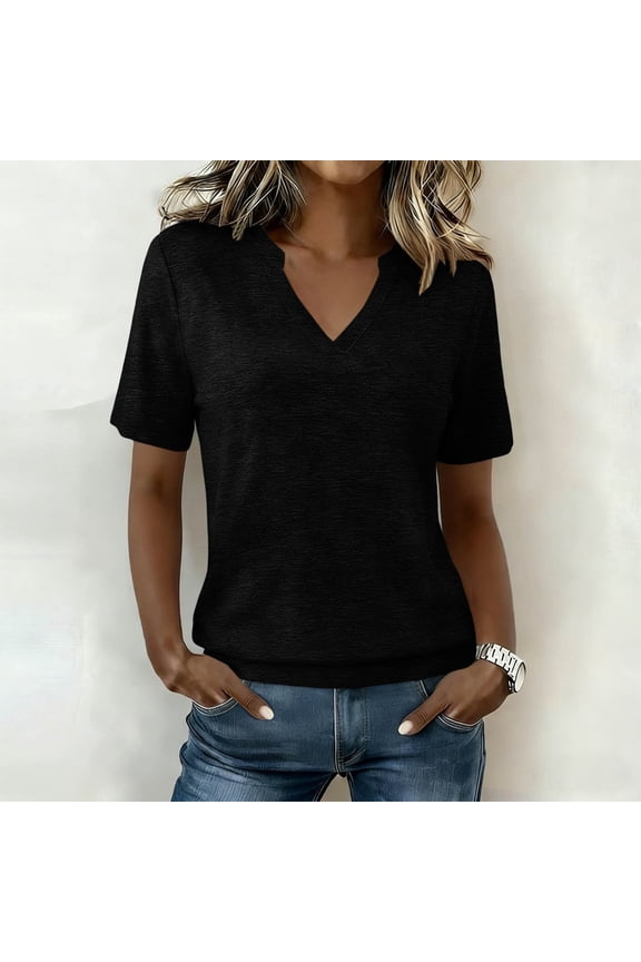 Womens V Neck Short Sleeve T Shirts - Heather Black Polyester Blend Relaxed Fit Casual Basic Tee S-XXL,Size XL