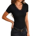 thumbnail image 1 of Womens V Neck Short Sleeve T Shirts Lace Ribbed Casual Tops Going out Tight Shirts Basic Tee 2026 Outfits Trendy, 1 of 8