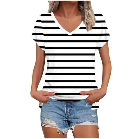 Womens V Neck Short Sleeve T Shirts Summer Tops 2025 Casual Loose Tees Blouse Trendy Striped Shirts Tunics