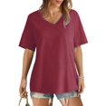 thumbnail image 1 of Womens V Neck Short Sleeve T Shirts Summer Tops Casual Loose Tees Trending Now Wine Red 5XL, 1 of 6