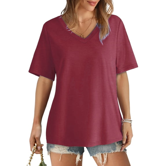 Womens V Neck Short Sleeve T Shirts Summer Tops Casual Loose Tees Trending Now Wine Red 5XL