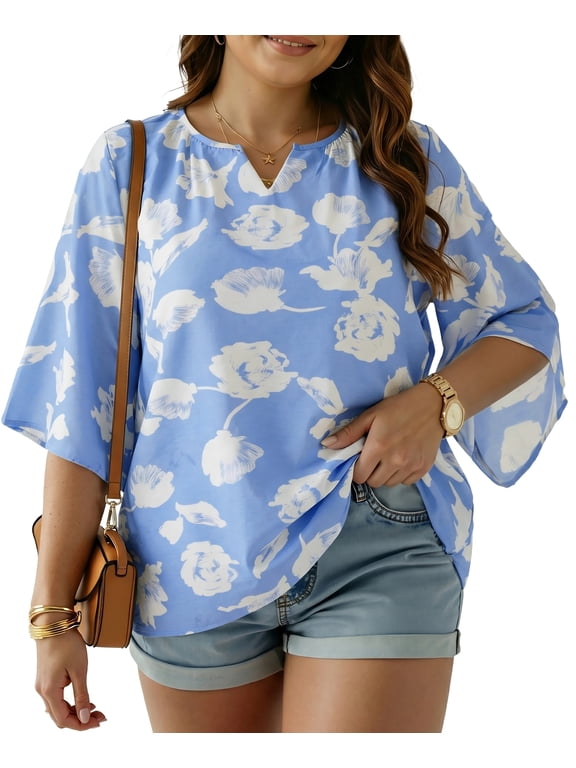 Womens Plus Size Tops V Neck 3/4 Bell Sleeve Womens Blouse, Trendy Tunic Summer Shirts for Women 1X-5X
