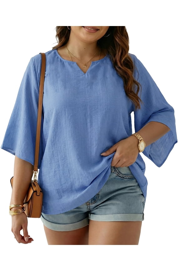 Womens Plus Size Tops V Neck 3/4 Bell Sleeve Womens Blouse, Trendy Tunic Summer Shirts for Women 1X-5X