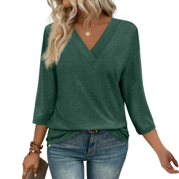 Womens V Neck Short Sleeve T shirts Loose Casual Summer Tops Solid Color Blouse Green L
