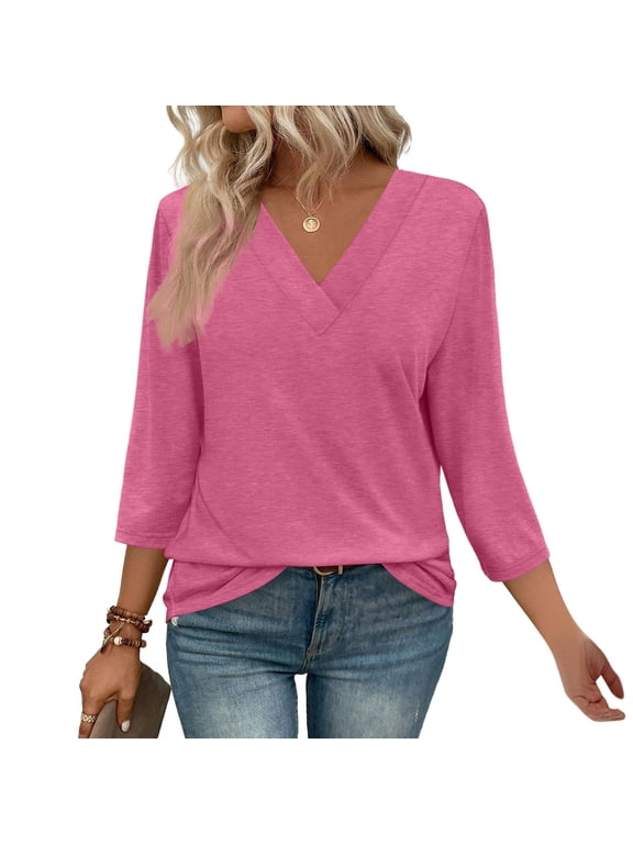 Womens V Neck Short Sleeve T shirts Loose Casual Summer Tops Solid Color Blouse Hot Pink XXL