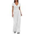 thumbnail image 1 of Womens V Neck Short Sleeve Top Wide Leg Pants Casual Comfortable Outfit Set Two Piece Light Gray [Short Sleeve] XL, 1 of 5