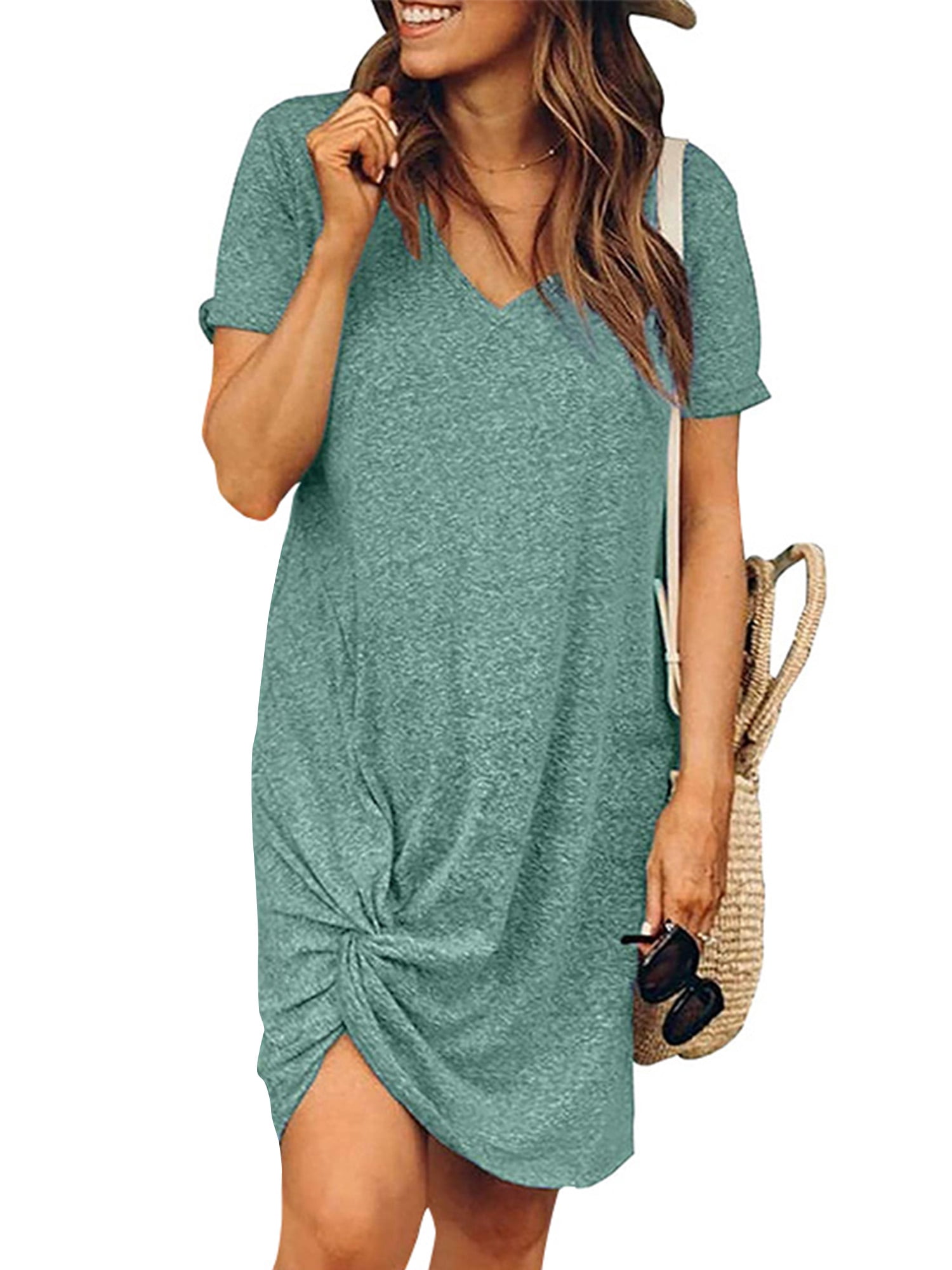 Miselon Women's Short Sleeve T-Shirt Dress - V-Neck With Front Knot, Casual Loose Fit Mini Dress For Summer (Rayon/Spandex)
