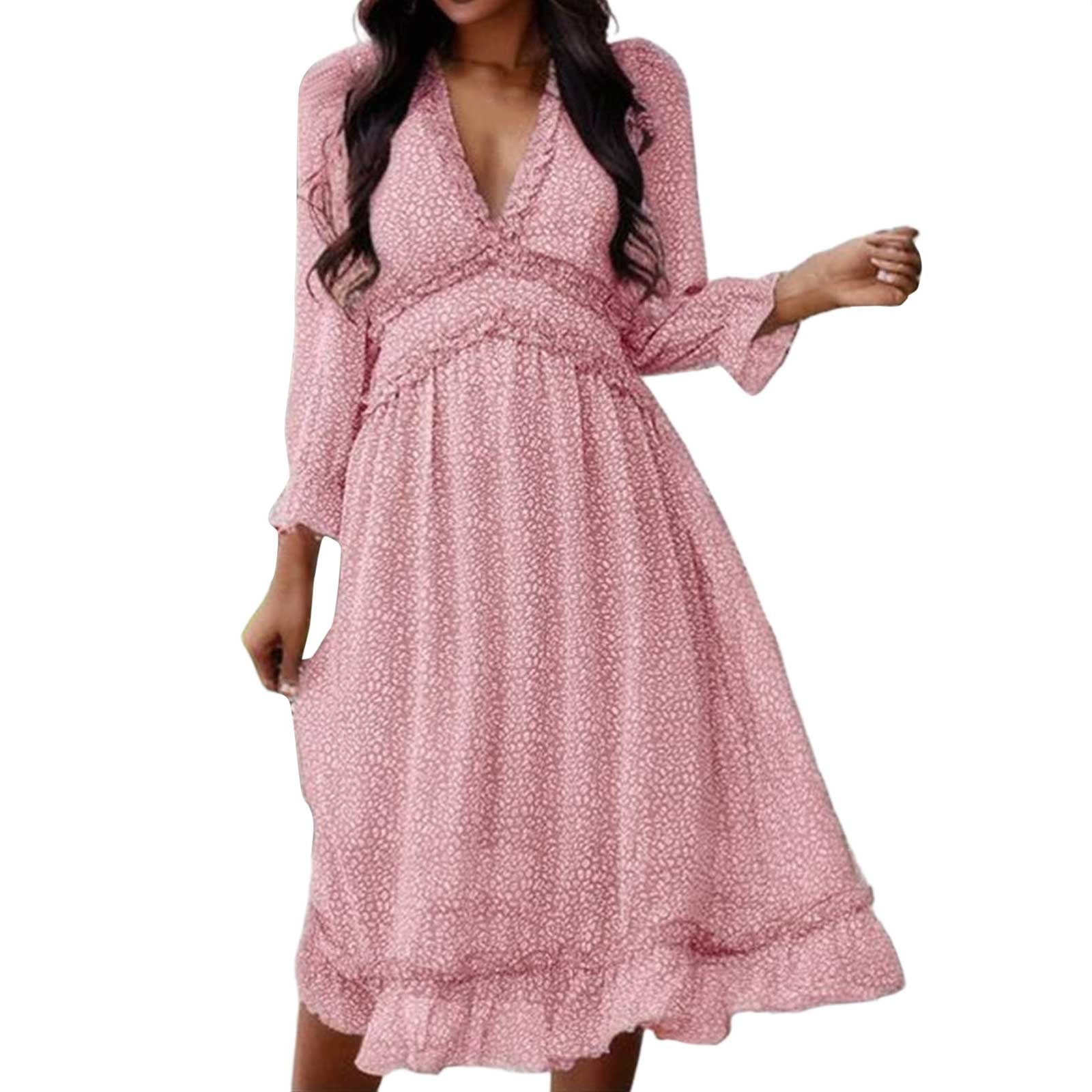 Womens V Neck Simple Print Dress Women's Floral Skirt Long Skirt Womens