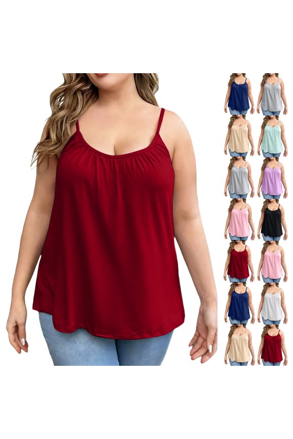 Womens V Neck Sleeveless Camis Spaghetti Strap Ruched Plus Size Casual Loose Fit Lightweight Summer Topswith Built-in Bra Red 3XL