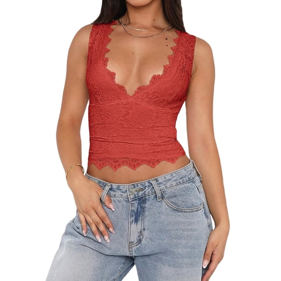 Womens V-Neck Sleeveless Going Out Y2K Trendy Lace Cropped Tank Tops Red L