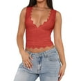 thumbnail image 1 of Womens V-Neck Sleeveless Going Out Y2K Trendy Lace Cropped Tank Tops Red L, 1 of 9
