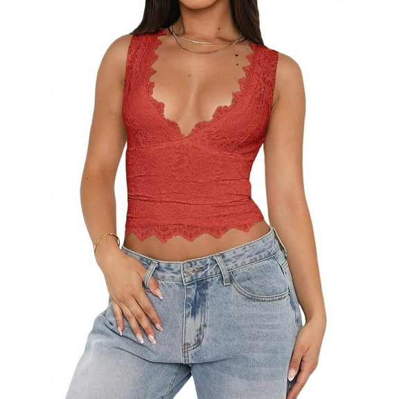 Womens V-Neck Sleeveless Going Out Y2K Trendy Lace Cropped Tank Tops Red XL