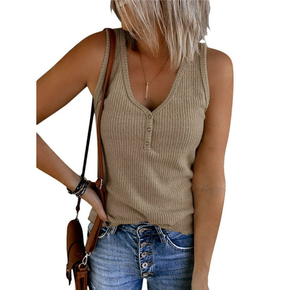 Womens V Neck Sleeveless Henley Shirts Knit Button Up Casual Vest