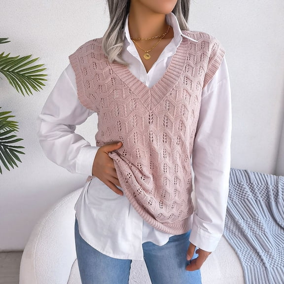 Womens V Neck Sleeveless Knitted Vest College Style Pullover Sweater Cold Shoulder Sweater Sweaters Vest Knit V Neck Sweater Pullover Men V Neck Top Vest V Neck Knitted Sweater Ladies Sweater Vest