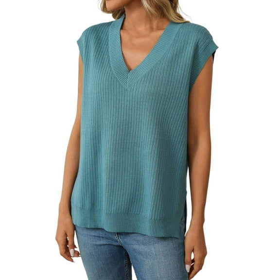 Womens V Neck Sleeveless Knitted Vest College Style Pullover Sweater
