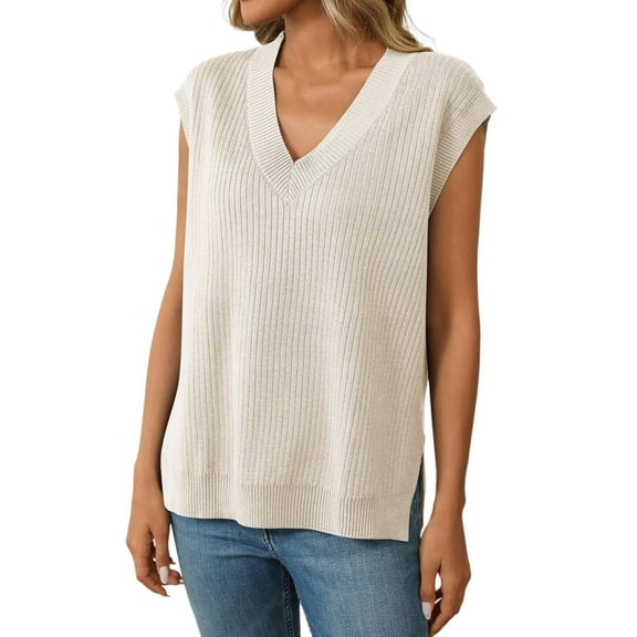 Womens V Neck Sleeveless Knitted Vest College Style Pullover Sweater
