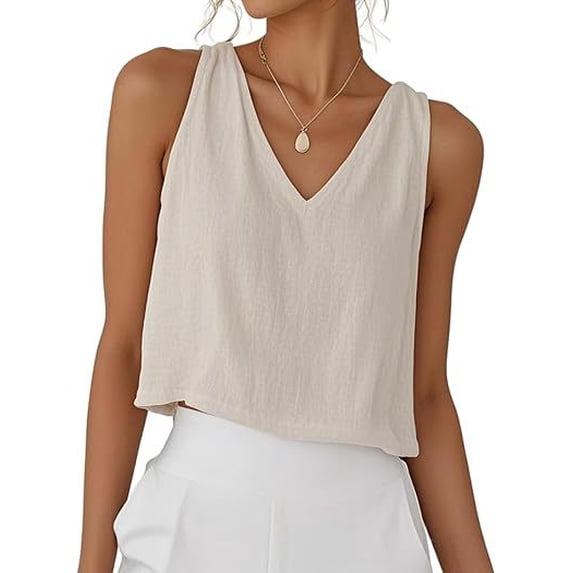 Womens V Neck Sleeveless Linen Tank Top for Spring Summer Casual Daily Wear