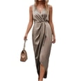 thumbnail image 1 of CIENVNSTG Womens V Neck Sleeveless Midi Dress Wedding Guest Dress Bodycon Ruched Cocktail Party Mother of The Bride Dress Khaki 2XL, 1 of 6