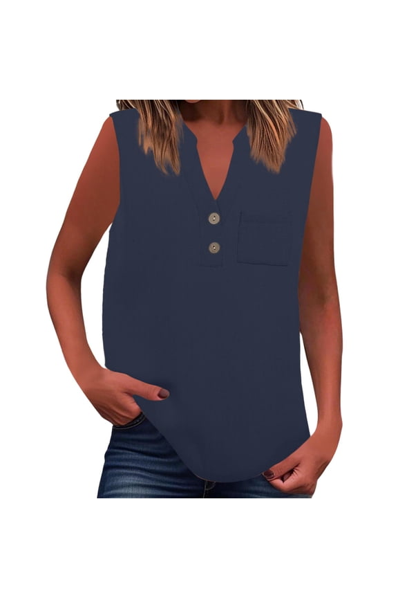 Womens V Neck Sleeveless Shirt Solid Colod Classic Elegant Casual Button T Shirts Lightweight Spring Basic Work Tee Vacation Clothes Navy XL