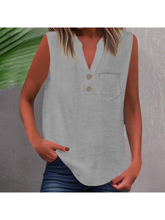 Womens V Neck Sleeveless Shirt Solid Colod Classic Elegant Casual Button T Shirts Lightweight Spring Blouses Pullover Outfits Grey L