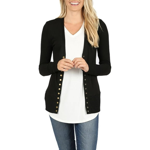 Womens V Neck Snap Button Long Sleeve Knit Cardigan