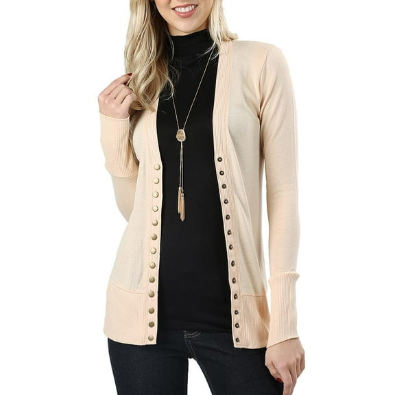 Womens V Neck Snap Button Long Sleeve Knit Cardigan