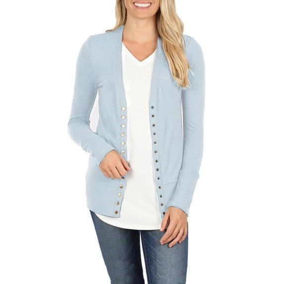 Womens V Neck Snap Button Long Sleeve Knit Cardigan