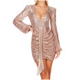 thumbnail image 1 of Womens V-Neck Sparkly Sequin Mini Dress Club Party Long Sleeve Shorts Dresses Glitters Ruched Dresses With Belt, 1 of 5