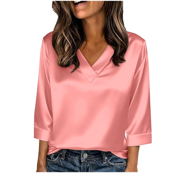 Womens V-Neck Stain Tops 3/4 Length Sleeve Solid T-Shits Blouses Comfy Breathable Work Office Daily Outfits 2026 Trendy Spring Summer Clothes