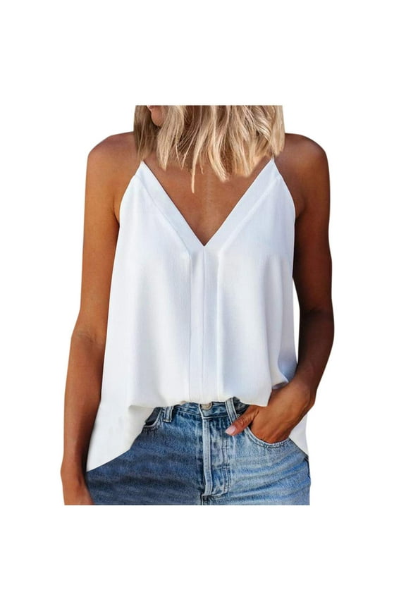 Womens V Neck Strappy Tank Tops Loose Casual Sleeveless Shirts Blouses White,M