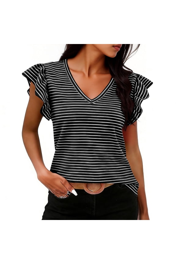 Womens V Neck Striped Flutter Sleeve Top - Casual Relaxed Fit Summer Blouse with Ruffled Short Sleeves Lightweight Soft Black,Size M