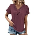 thumbnail image 1 of Womens V Neck Summer Tops Pleated Button Short Sleeve Comfy Loose Fit Plain Tshirts Casual Dressy Tunics Blouses (X-Large, Wine), 1 of 6