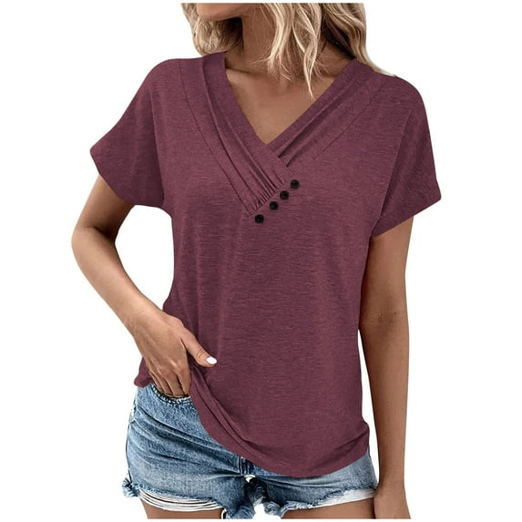 Womens V Neck Summer Tops Pleated Button Short Sleeve Comfy Loose Fit Plain Tshirts Casual Dressy Tunics Blouses (X-Large, Wine)