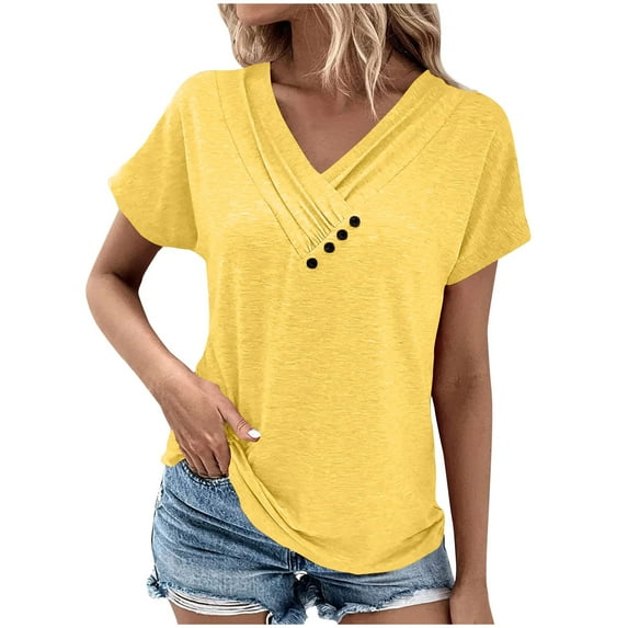 Womens V Neck Summer Tops Pleated Button Short Sleeve Comfy Loose Fit Plain Tshirts Casual Dressy Tunics Blouses (X-Large, Yellow)